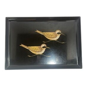 VTG MCM Couroc Of Monterey Rectangular Black Tray Shore Birds Brass Wood Inlaid